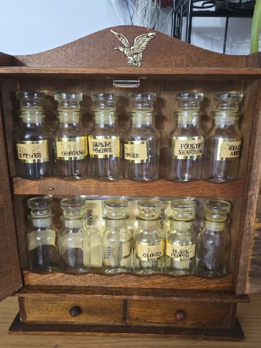 Vintage Wooden Spice Cabinet w/ Eagle Emblem – Retro Boho Kitchen Décor – Comple